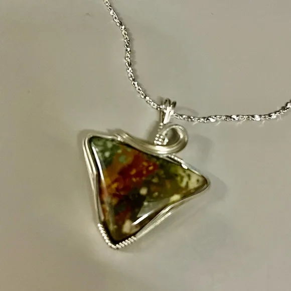 Sterling Silver and Multicolor Elegant Ocean Jasper Triangular Necklace - Picture 2 of 6